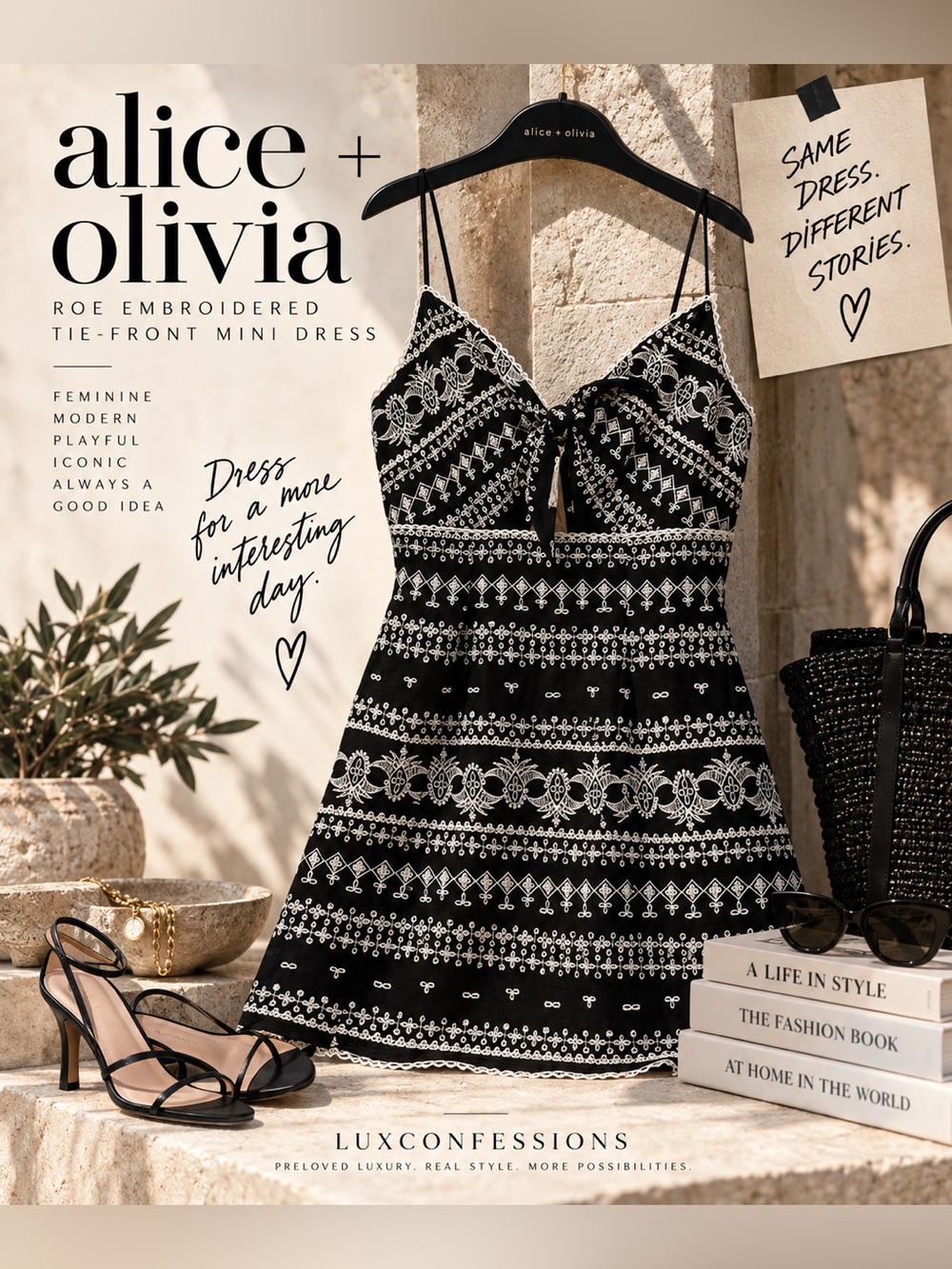 Alice + Olivia Roe Embroidered Tie Front Mini Dress Black White 10 NWT